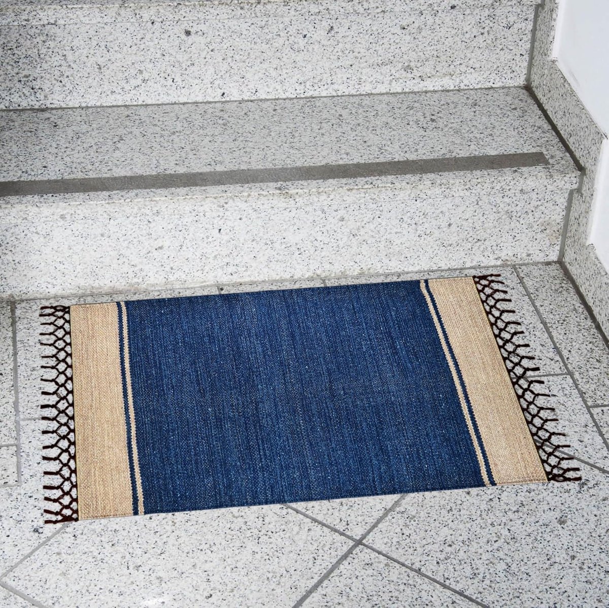 Handwoven Cotton Door Mat, Blue, 40×60 cm, Rectangular, Anti Slip, Washable, Low Pile, Modern Style (Pack of 3)