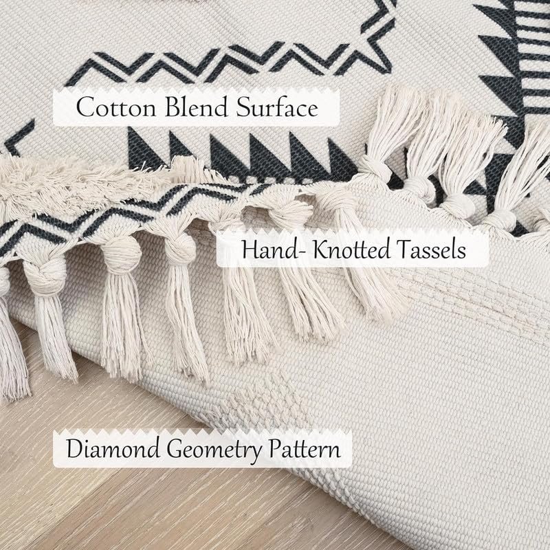 TRANQUIL Hand Woven 100% Cotton Tufted Runner Carpet | Reversible Runner Rug for Living Room, Bedroom, Guest Room & Kitchen | 2×5 Feet (60×152 cm) – (Black & Natural White)