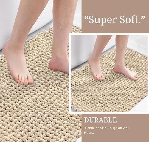 SANMARINO Non Slip Chenille Bath Mat, Extra Soft Bathroom Mat, Super Absorbent Fluffy Bath Mats for Bathroom, Machine-Washable Quick Dry Bath Rug Foot Mat, 16″x24″, Beige