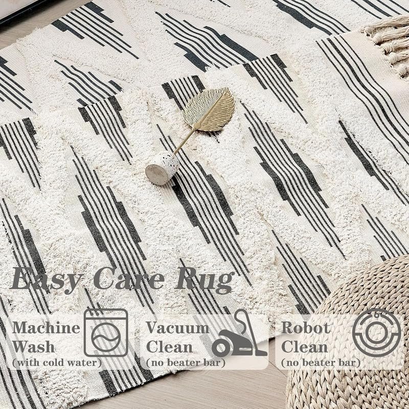 TRANQUIL Hand Woven 100% Cotton Tufted Runner Carpet | Reversible Runner Rug for Living Room, Bedroom, Guest Room & Kitchen | 2×5 Feet (60×152 cm) – (Blazk Zigzag)