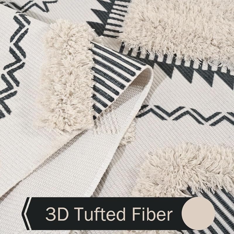 TRANQUIL Hand Woven 100% Cotton Tufted Runner Carpet | Reversible Runner Rug for Living Room, Bedroom, Guest Room & Kitchen | 2×5 Feet (60×152 cm) – (Black & Natural White)