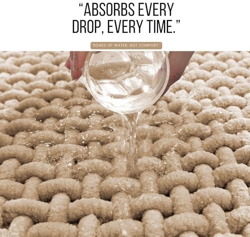 SANMARINO Non Slip Chenille Bath Mat, Extra Soft Bathroom Mat, Super Absorbent Fluffy Bath Mats for Bathroom, Machine-Washable Quick Dry Bath Rug Foot Mat, 16″x24″, Beige