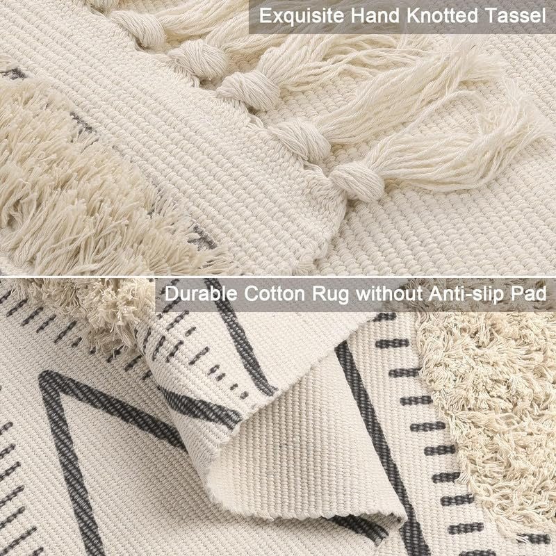 TRANQUIL Hand Woven 100% Cotton Tufted Runner Carpet | Reversible Runner Rug for Living Room, Bedroom, Guest Room & Kitchen | 2×5 Feet (60×152 cm) – (Blazk Zigzag)