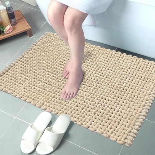 SANMARINO Non Slip Chenille Bath Mat, Extra Soft Bathroom Mat, Super Absorbent Fluffy Bath Mats for Bathroom, Machine-Washable Quick Dry Bath Rug Foot Mat, 16″x24″, Beige