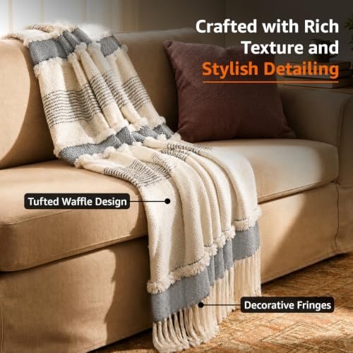 Amazon Basics Tufted Waffle Cotton Throw Blanket | Throw for Living Room, Sofa, Bed, Chair, Picnic & Used for Gift | 152×125 cms | Beige