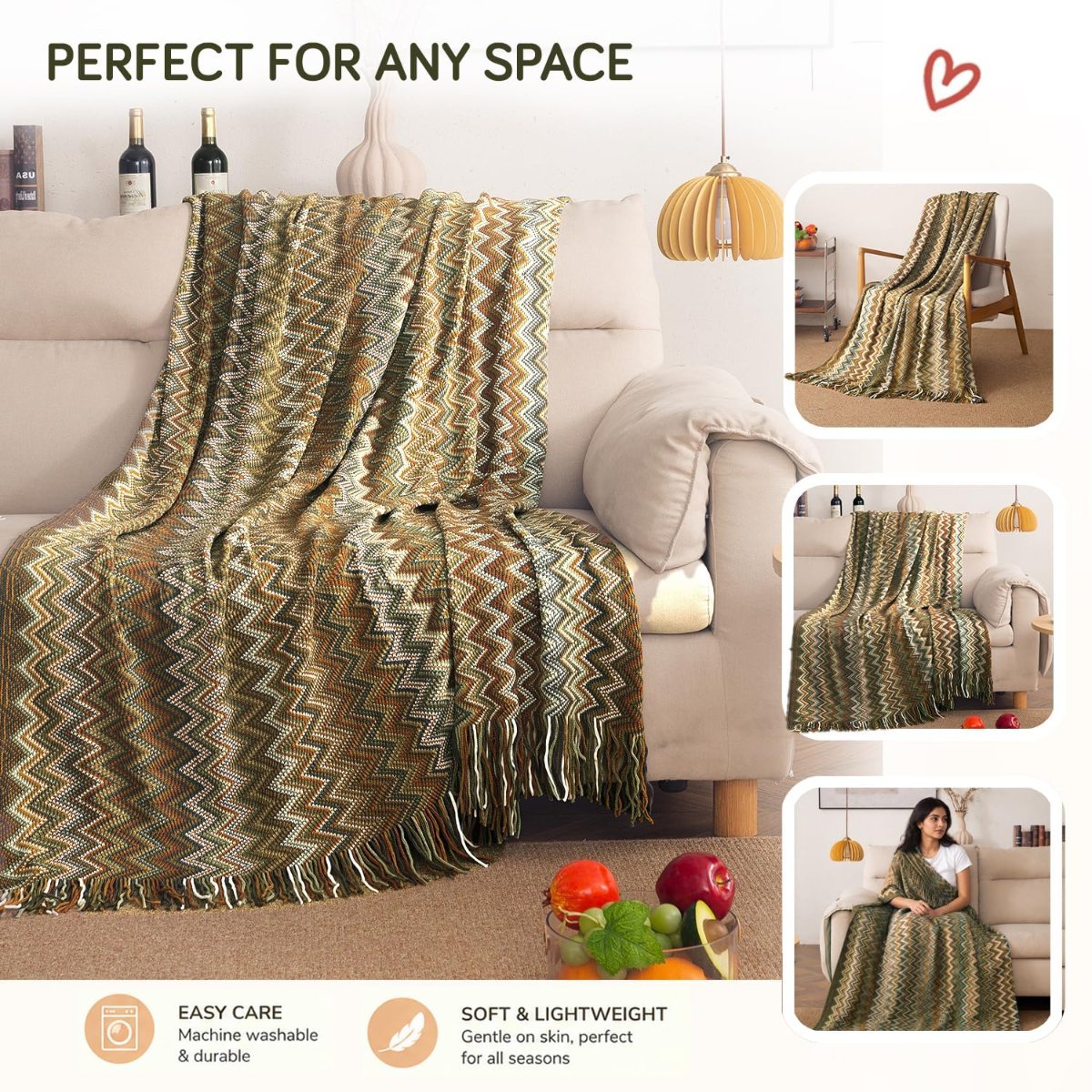 HOKIPO Boho Chevron Knit Sofa Throw Blanket, 50×65 in, Olive Mirage