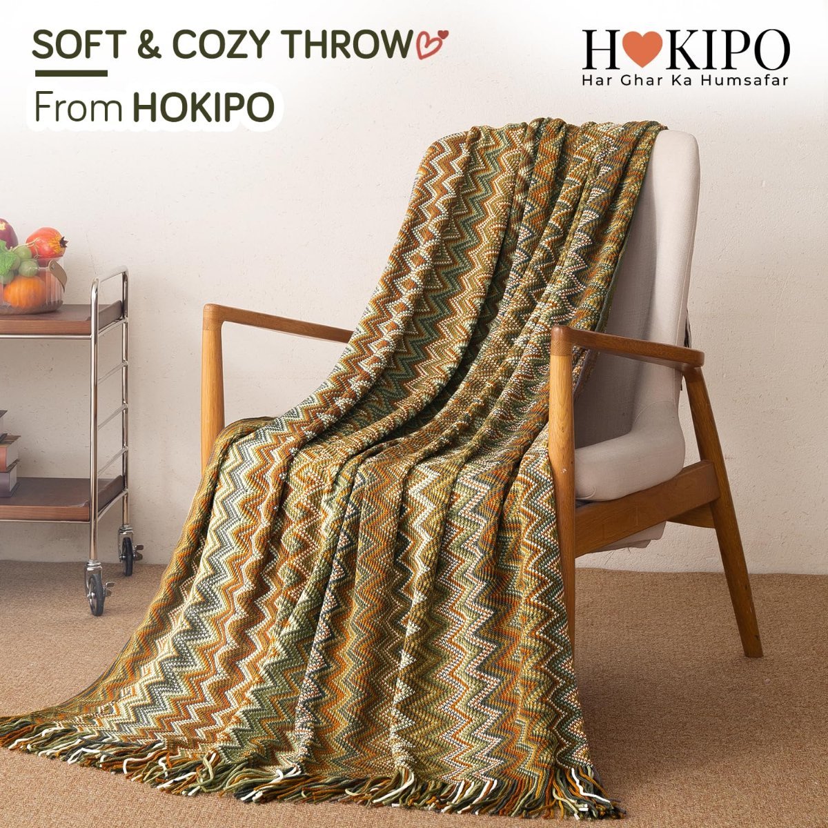 HOKIPO Boho Chevron Knit Sofa Throw Blanket, 50×65 in, Olive Mirage