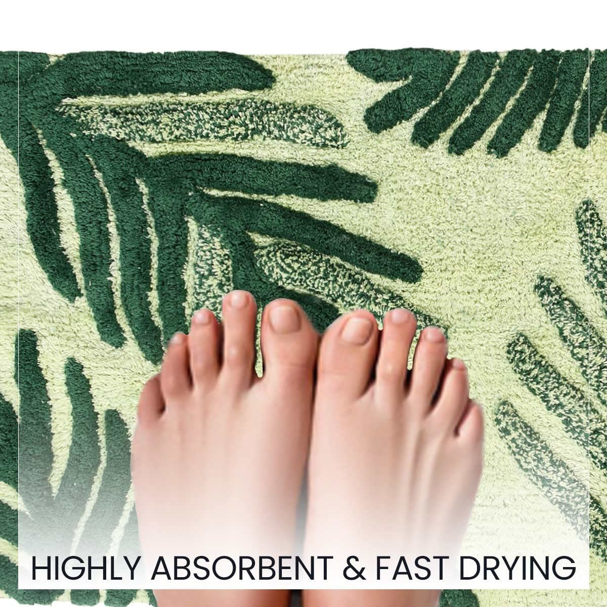SASHAA WORLD Cotton Leaf Patterned Bathmat | Soft, Absorbent & Cozy | Anti-Skid Latex Backing for Stability | Perfect for Bathroom, Bedroom, Hotels, or Spa | 50×80 cm, Green