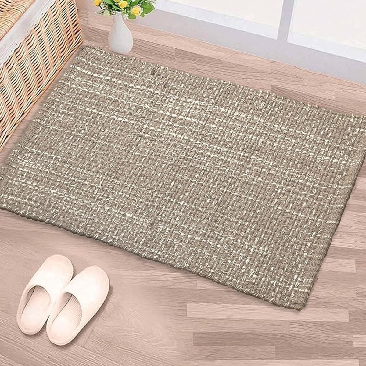 Chardin home Sand & White Cotton Throw Rug, 21×34 Inches Area Rug for Bathroom Kitchen entryway, Reversible Handwoven Rug Machine Washable.