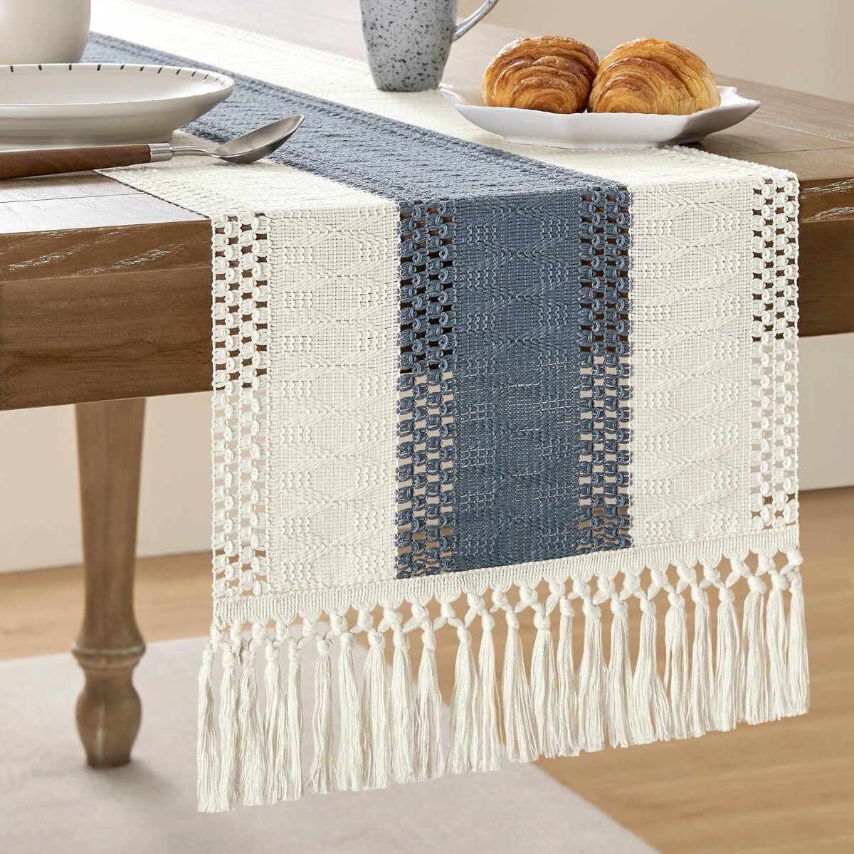 ZeeMart Macrame Style Bicolor Stitching Table Runner, 12 x 72 Inch Brown/Ivory, Boho Neutral Table Runners 72 Inches Long, Farmhouse Woven Home Decor