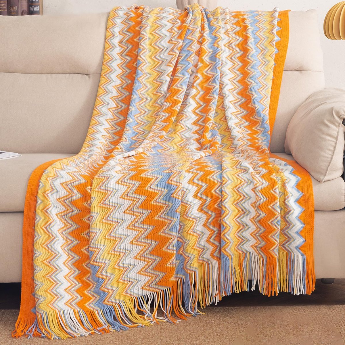 HOKIPO Boho Chevron Knit Sofa Throw Blanket, 50×65 in, Olive Mirage
