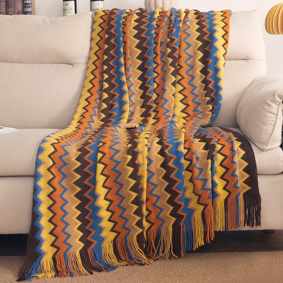 HOKIPO Boho Chevron Knit Sofa Throw Blanket, 50×65 in, Olive Mirage