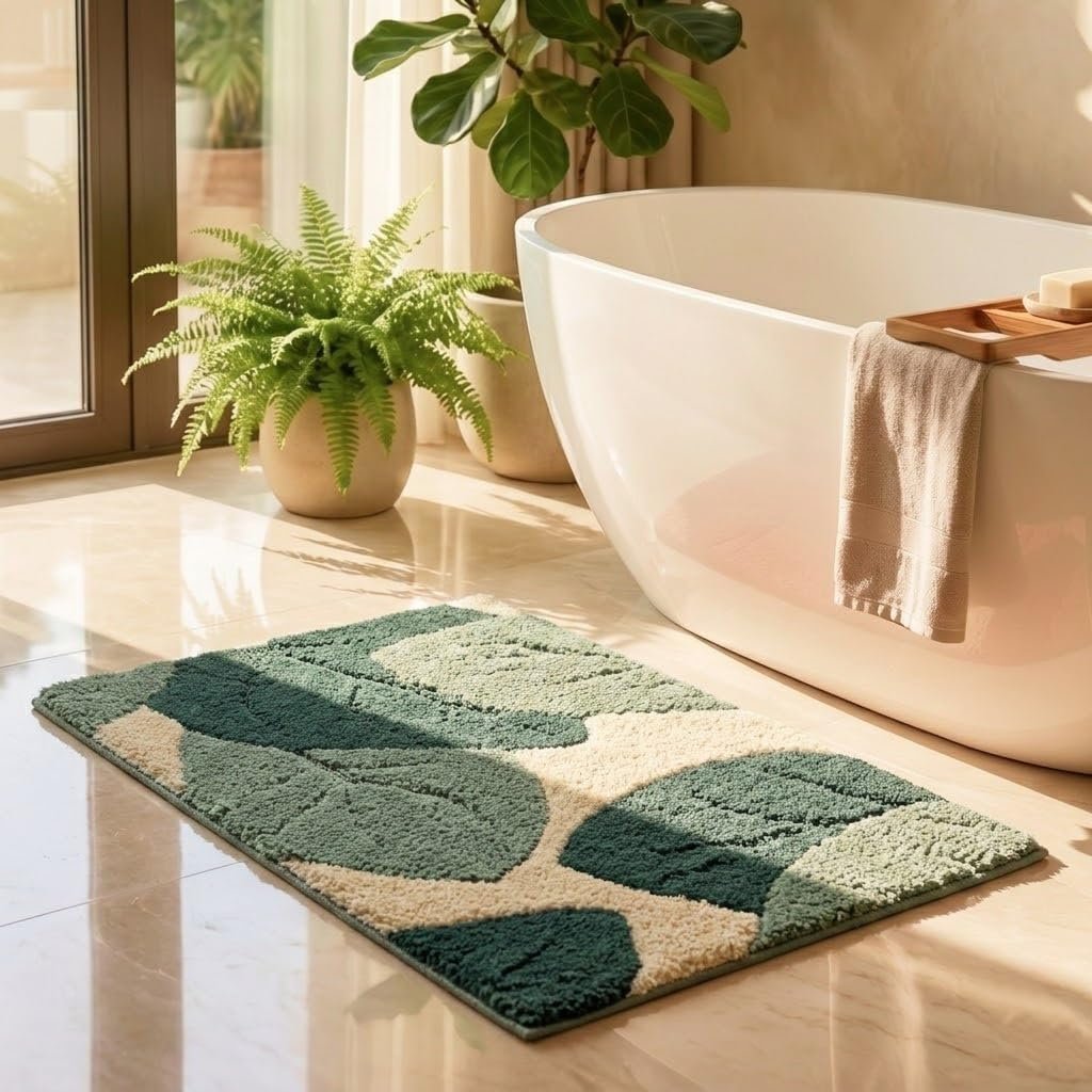 Saral Home Leaf Microfiber Bath Mat | Super Soft & Absorbent Bathroom Floor Mat | Anti-Slip Bath Rug | Quick Dry Washable Mat | 38 x 60 cm- 1Pc | Rust