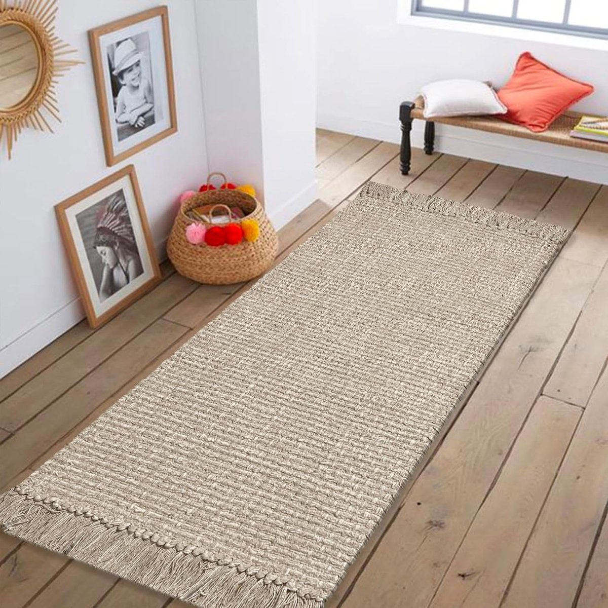 Chardin home Sand & White Cotton Throw Rug, 21×34 Inches Area Rug for Bathroom Kitchen entryway, Reversible Handwoven Rug Machine Washable.