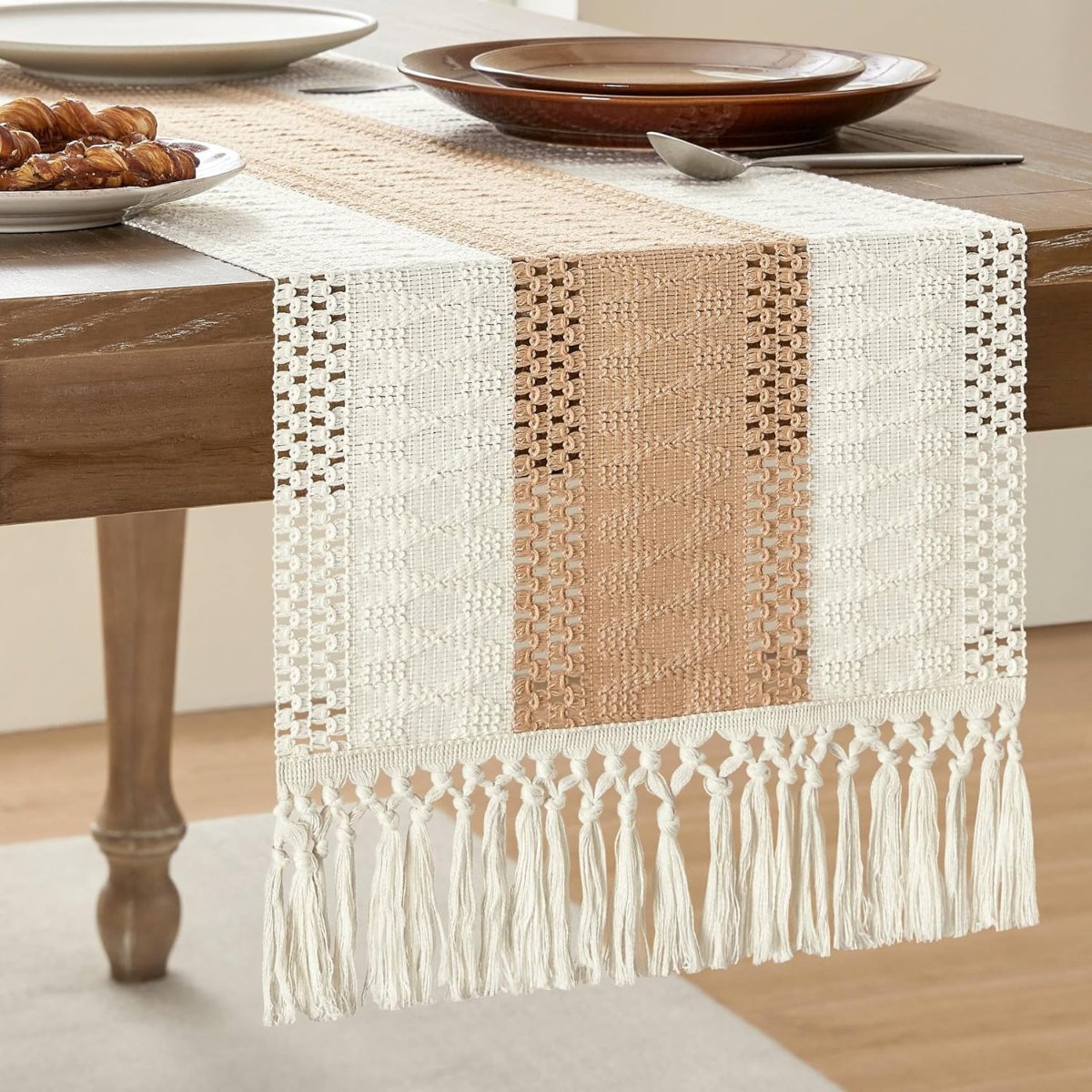 ZeeMart Macrame Style Bicolor Stitching Table Runner, 12 x 72 Inch Brown/Ivory, Boho Neutral Table Runners 72 Inches Long, Farmhouse Woven Home Decor