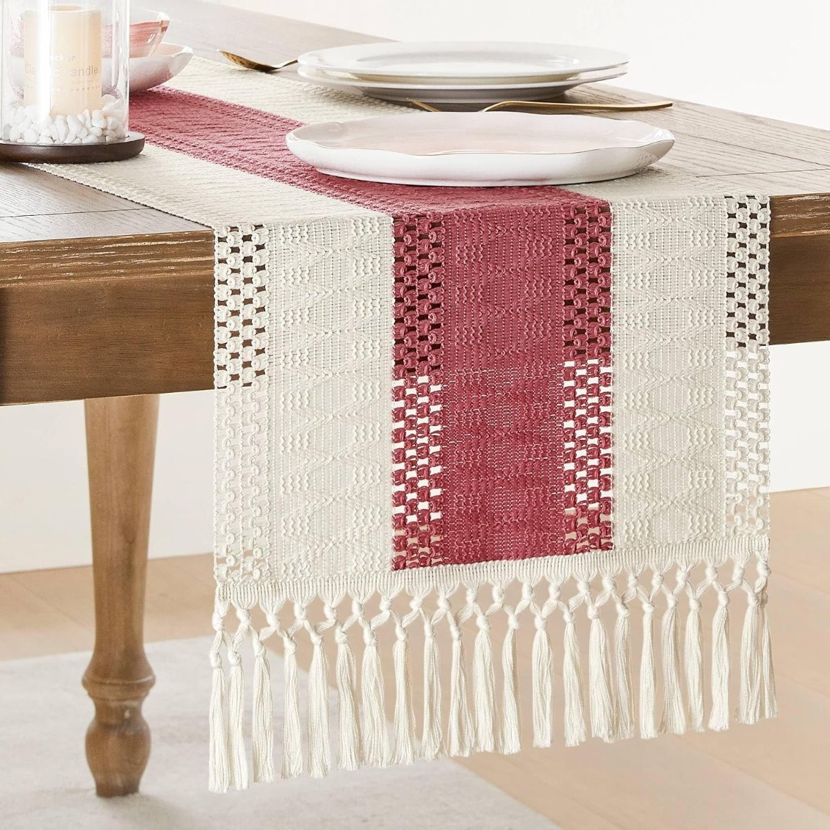ZeeMart Macrame Style Bicolor Stitching Table Runner, 12 x 72 Inch Brown/Ivory, Boho Neutral Table Runners 72 Inches Long, Farmhouse Woven Home Decor