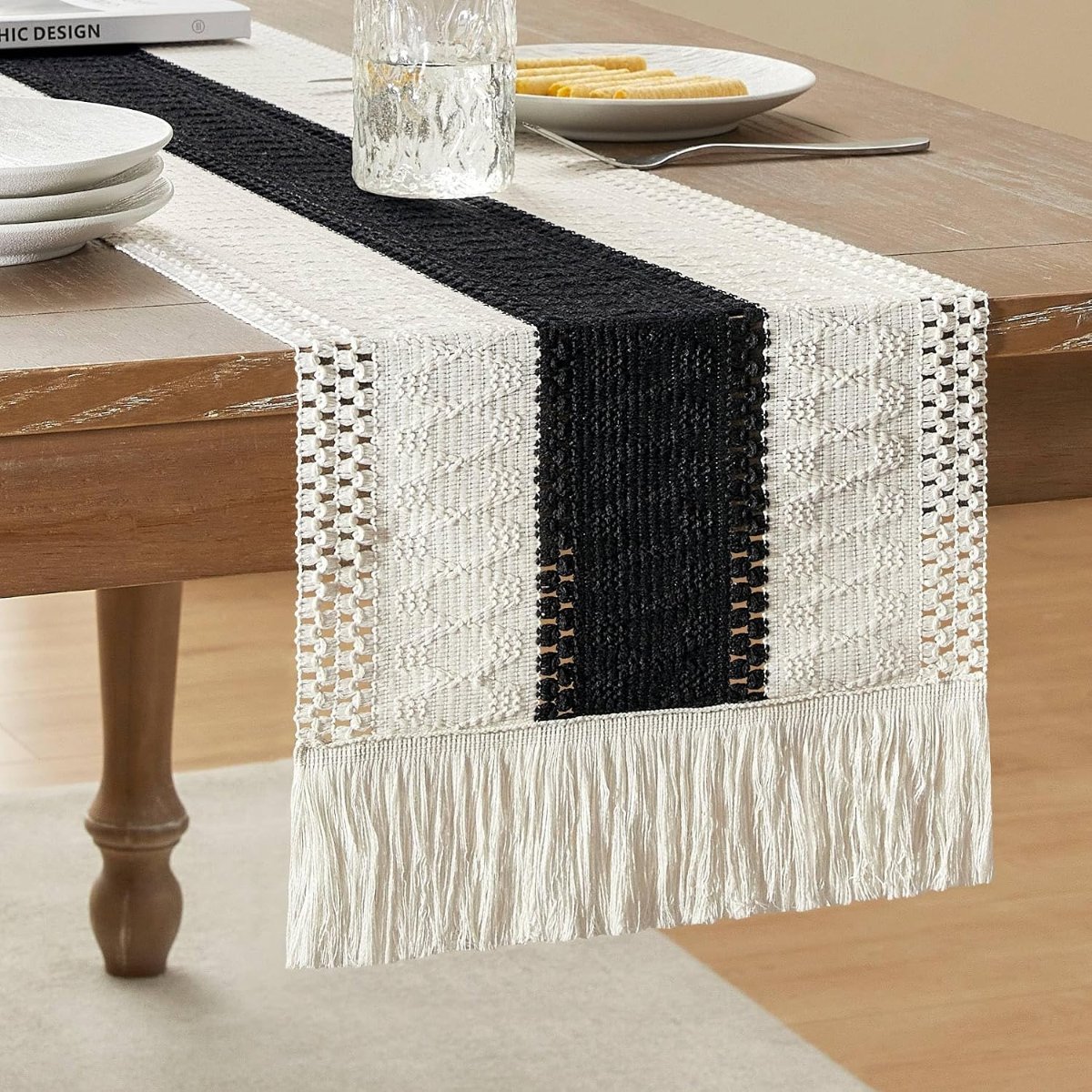 ZeeMart Macrame Style Bicolor Stitching Table Runner, 12 x 72 Inch Brown/Ivory, Boho Neutral Table Runners 72 Inches Long, Farmhouse Woven Home Decor