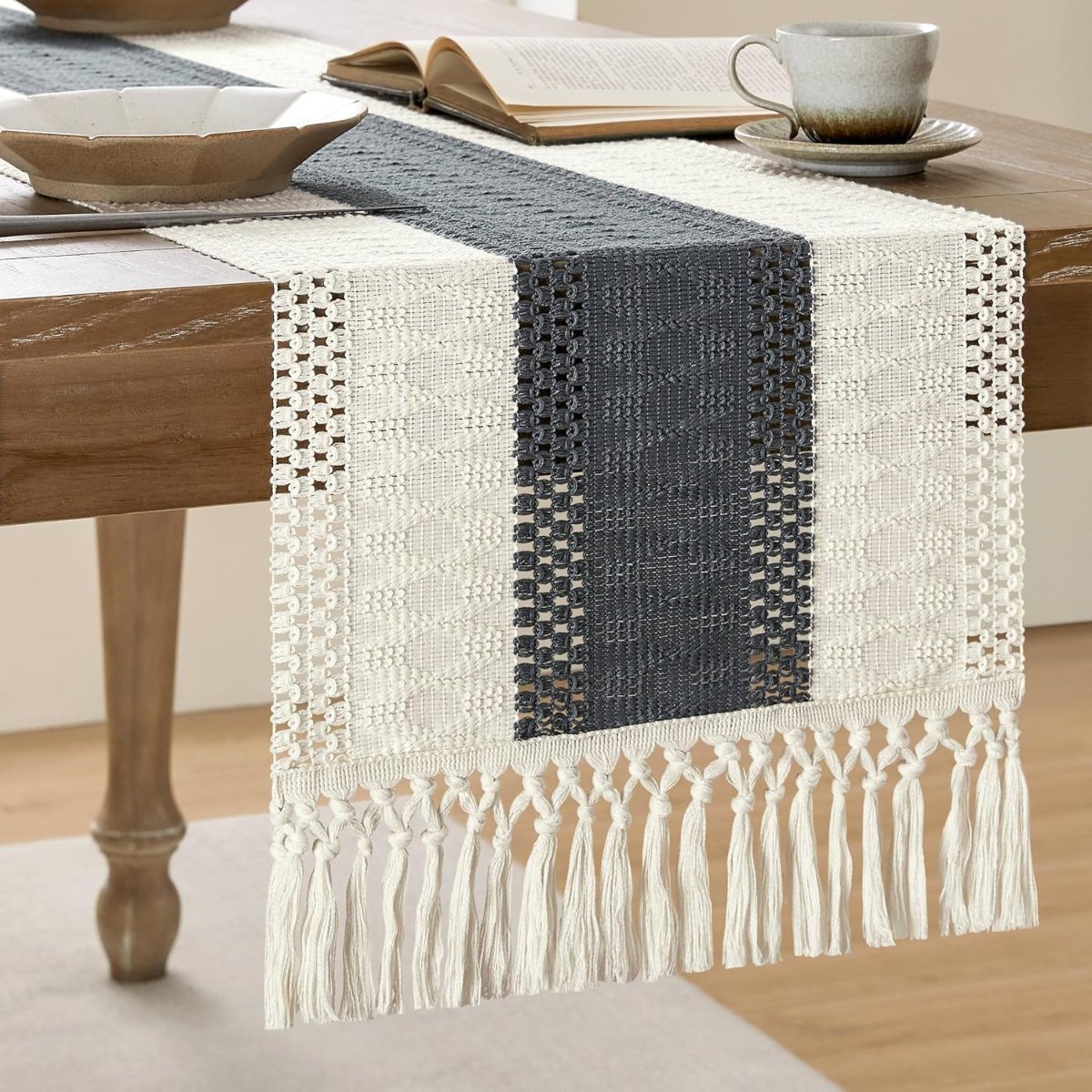 ZeeMart Macrame Style Bicolor Stitching Table Runner, 12 x 72 Inch Brown/Ivory, Boho Neutral Table Runners 72 Inches Long, Farmhouse Woven Home Decor