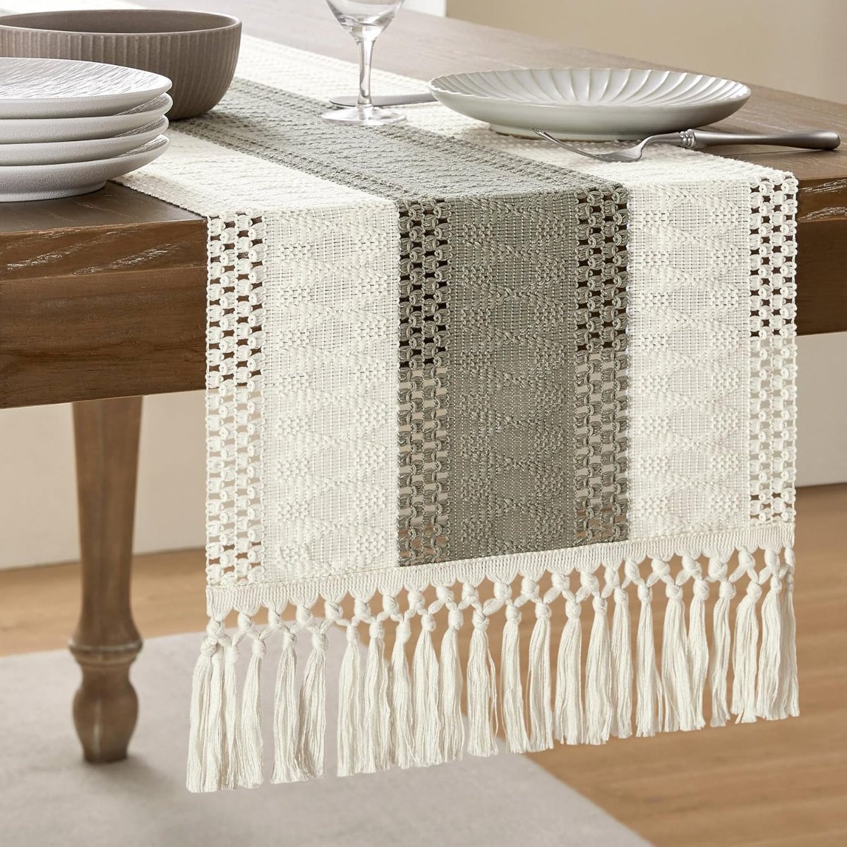 ZeeMart Macrame Style Bicolor Stitching Table Runner, 12 x 72 Inch Brown/Ivory, Boho Neutral Table Runners 72 Inches Long, Farmhouse Woven Home Decor